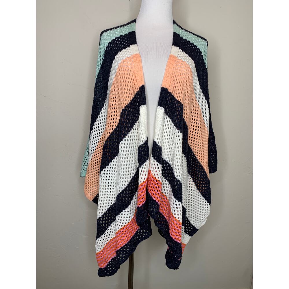 Anthropologie Striped Blue Ceam Coral Peach Sweater Poncho Cardigan OSFA